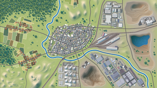 The map of the region - the main view of the simulation which includes visual elements. The region will be a fictional lignite coal mining region that could represent any in Europe.